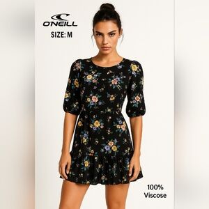 O’Neill Women’s Black Floral Puff Sleeve Mini Dress 100% Viscose Size M NWT